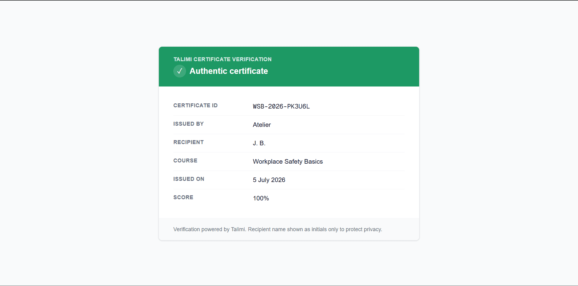Talimi public certificate verification page confirming authenticity